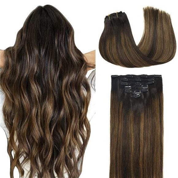 Hair Extension Human, Balayage Dark Brown to Chestnut Brown 120g 7pcs 18 " - Picture 2 of 6